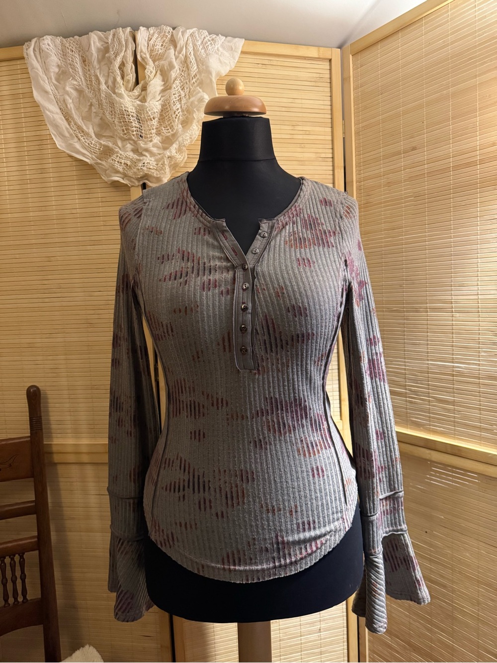 Free People Gray Ribbed Henley Top with Burgundy Rust Accents - Picture 2 of 5